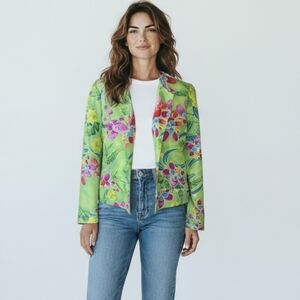 Transitions Silk Tropical Floral Vibrant Cropped Green/Pink/ Yellow Blazer Sz M